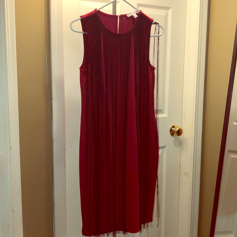 Red bodycon dress with black tassels